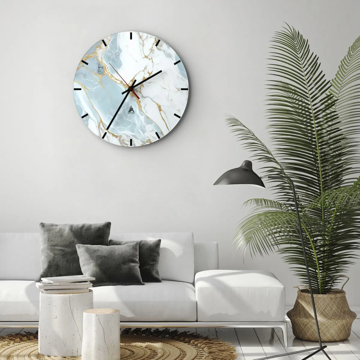 Ceas de perete - Ceas pe sticlă - Marmură albastră și albă cu vene aurii pe toată suprafața - 30x30cm - Bogăția pietrei - Decorațiune modernă pentru perete pentru living, bucătărie și dormitor ARTTOR