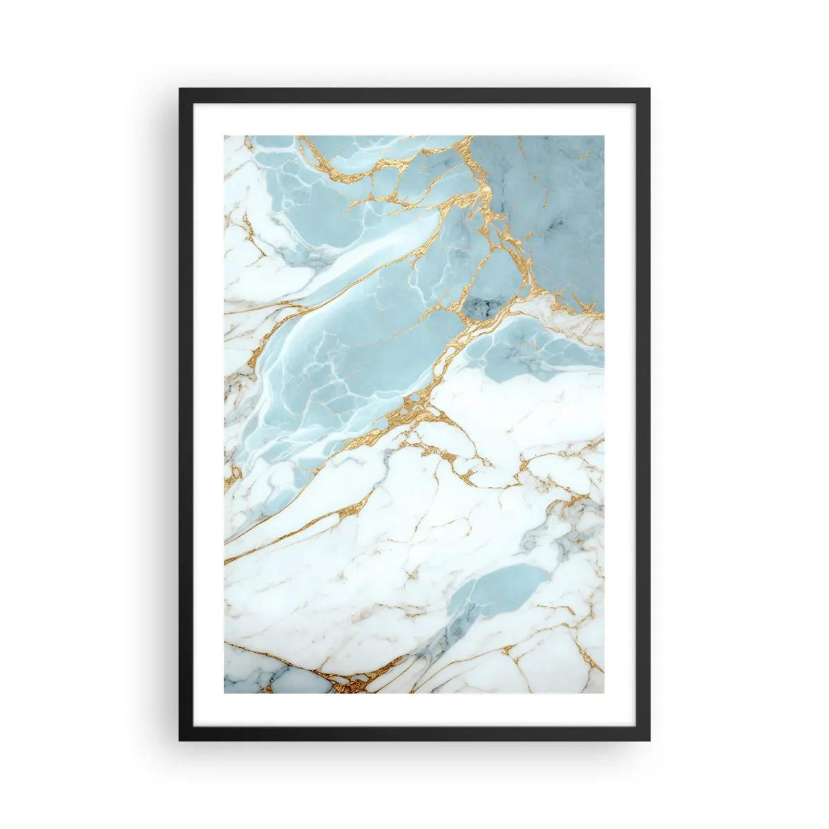 Poster în ramă neagră - Marmură elegantă în nuanțe de albastru și auriu - 50x70cm - Bogăția pietrei - Decorațiune modernă pentru perete pentru living și dormitor ARTTOR