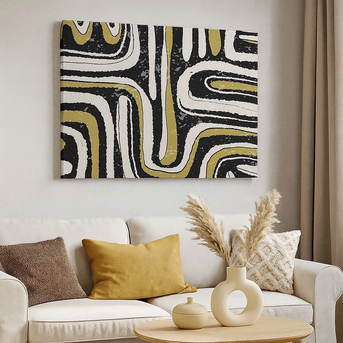 Tablou pe pânză Canvas - Model abstract în negru, alb și auriu - 70x50cm - Compoziție: pasaje și alei - Decorațiune modernă pentru perete pentru living și dormitor ARTTOR