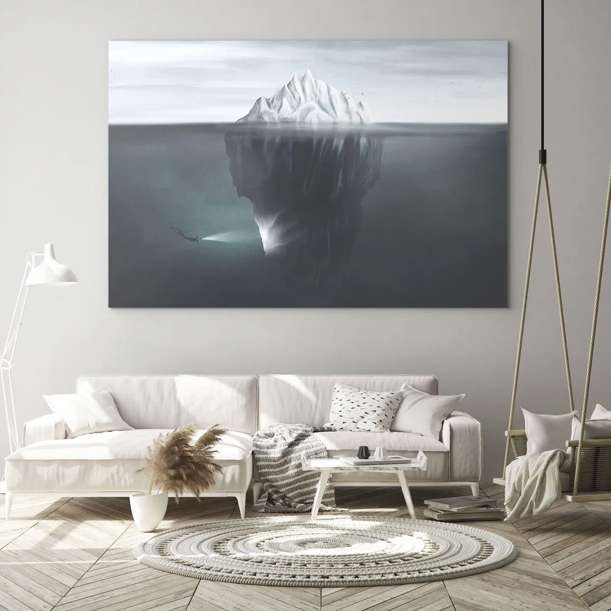 Tablou pe sticlă - Un aisberg cu un scafandru care explorează partea subacvatică - 70x50cm - Un mister subacvatic - Decorațiune modernă pentru perete pentru living și dormitor ARTTOR