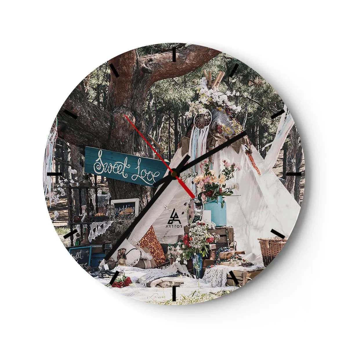 Ceas de perete - Ceas pe sticlă - Decorațiuni romantice pentru nunți într-un cadru forestier - 30x30cm - Make love… - Decorațiune modernă pentru perete pentru living, bucătărie și dormitor ARTTOR