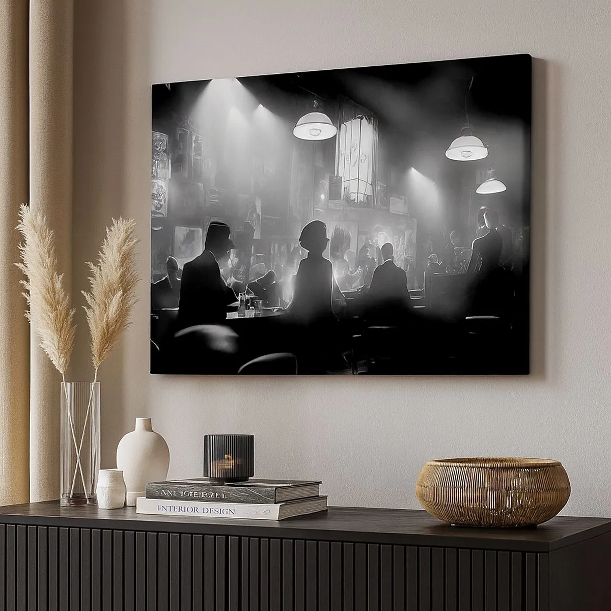 Tablou pe pânză Canvas - Scenă de club de noapte cu jazz alb-negru - 70x50cm - În stil jazz - Decorațiune modernă pentru perete pentru living și dormitor ARTTOR