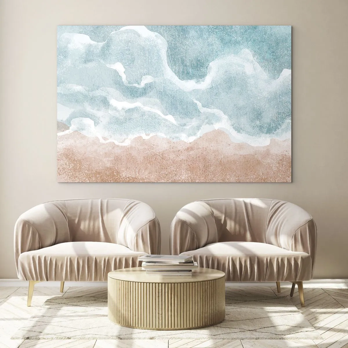 Tablou pe sticlă - Valurile pastelate în nuanțe de albastru și bej creează o abstracție tulbure. - 70x50cm - Abstracția norilor - Decorațiune modernă pentru perete pentru living și dormitor ARTTOR