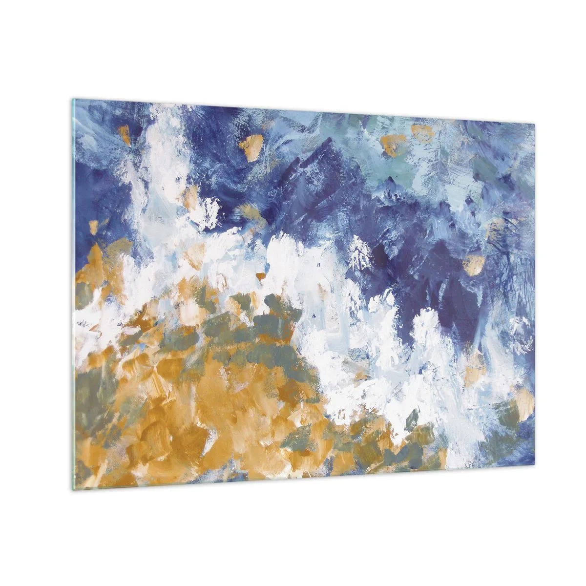 Tablou pe sticlă - Tușe abstracte de vopsea în albastru, alb și auriu - 70x50cm - Dansul elementelor - Decorațiune modernă pentru perete pentru living și dormitor ARTTOR