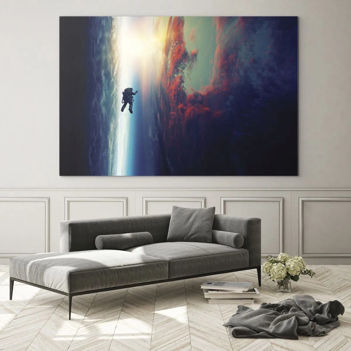 Tablou pe sticlă - Un astronaut plutind prin spațiu spre lumină - 70x50cm - Provocând universul - Decorațiune modernă pentru perete pentru living și dormitor ARTTOR
