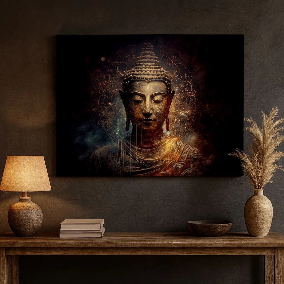 Tablou pe pânză Canvas - Buddha de aur pe un fundal întunecat cu ornamente - 70x50cm - Echilibru spiritual - Decorațiune modernă pentru perete pentru living și dormitor ARTTOR