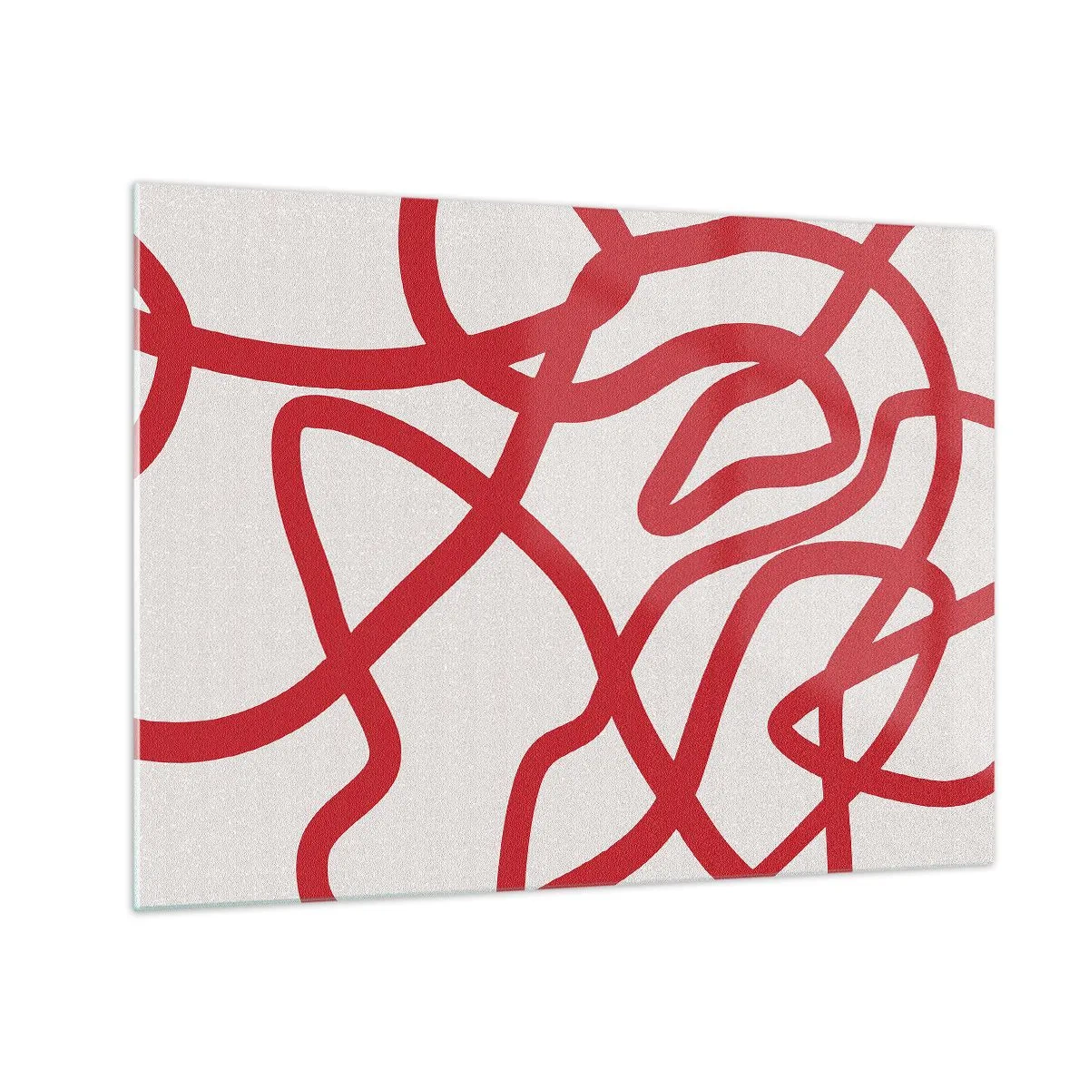 Tablou pe sticlă - Linii roșii care se învârt dinamic pe un fundal alb - 70x50cm - Roșu pe alb - Decorațiune modernă pentru perete pentru living și dormitor ARTTOR