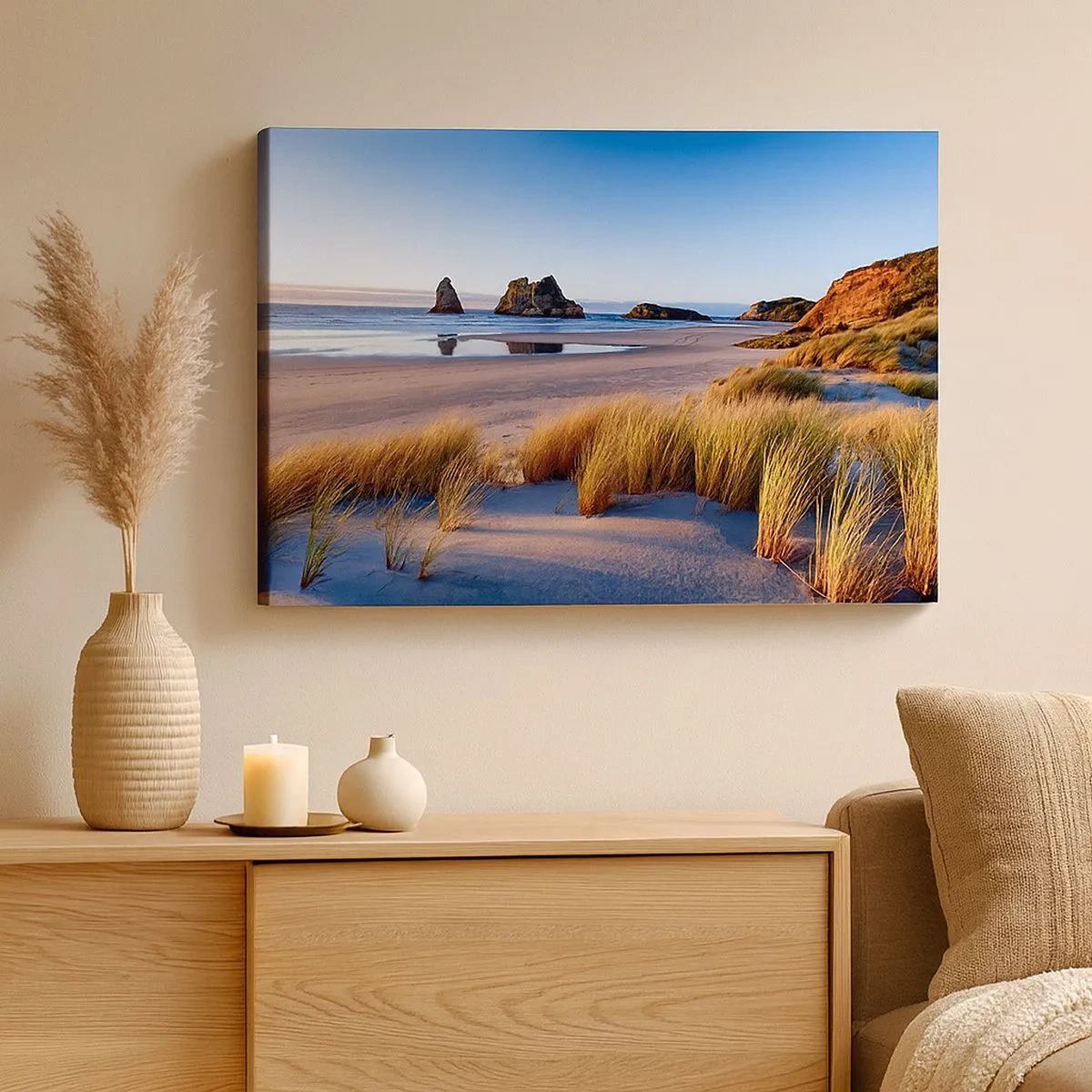 Tablou pe pânză Canvas - O plajă pitorească cu vedere la stânci și la mare la apus - 70x50cm - Pentru cei care caută pacea - Decorațiune modernă pentru perete pentru living și dormitor ARTTOR