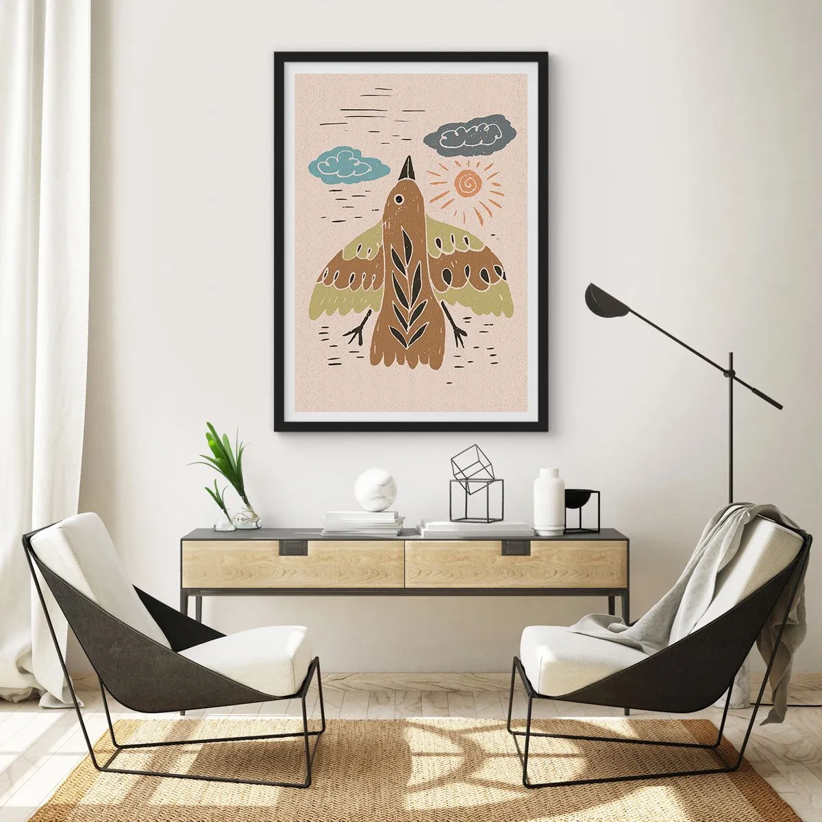 Poster în ramă neagră - O ilustrație colorată a unei păsări în zbor, cu nori și soare în fundal. - 50x70cm - Zbor vesel - Decorațiune modernă pentru perete pentru living și dormitor ARTTOR