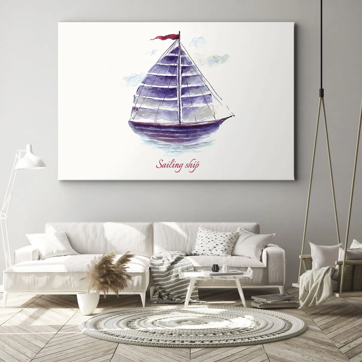 Tablou pe pânză Canvas - O pictură în acuarelă a unei barci cu pânze pe apă cu o inscripție delicată - 70x50cm - Pânze pline și apă calmă - Decorațiune modernă pentru perete pentru living și dormitor ARTTOR