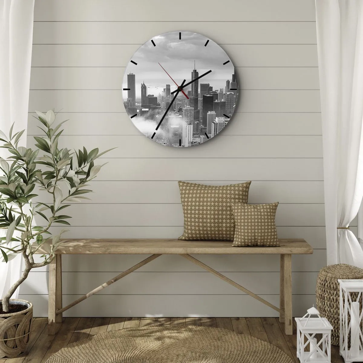 Ceas de perete - Ceas pe sticlă - Panoramă a orașului alb-negru cu zgârie-nori și ceață - 30x30cm - Peisaj american - Decorațiune modernă pentru perete pentru living, bucătărie și dormitor ARTTOR