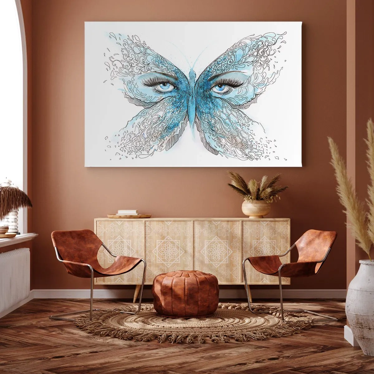 Tablou pe pânză Canvas - Acuarelă artistică a unui fluture cu ochi albaștri - 70x50cm - Polyommatus eros - Decorațiune modernă pentru perete pentru living și dormitor ARTTOR