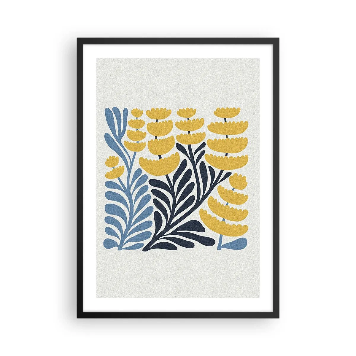 Poster în ramă neagră - Flori stilizate galbene și albastru-marin într-un stil minimalist - 50x70cm - Ogor însorit - Decorațiune modernă pentru perete pentru living și dormitor ARTTOR