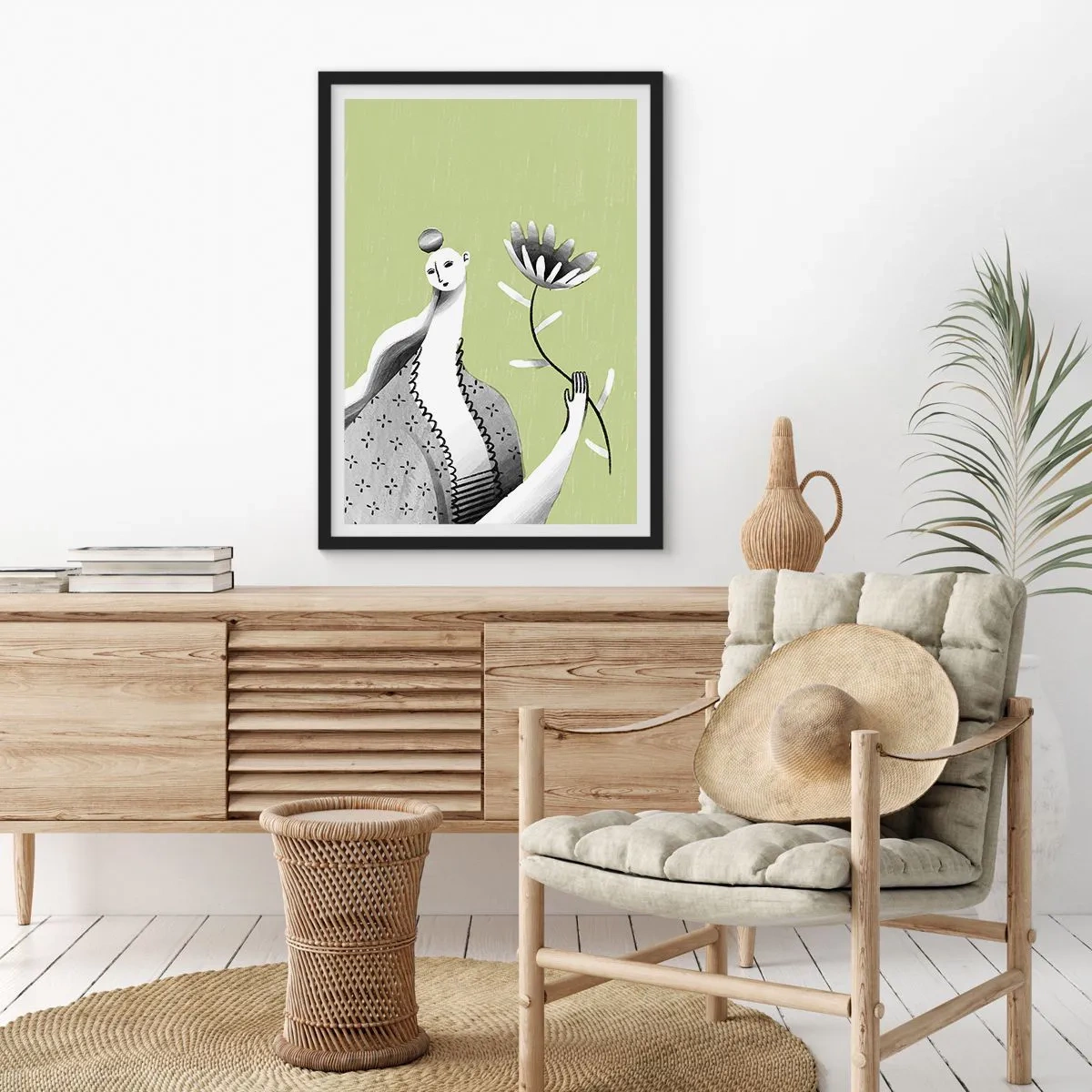 Poster în ramă neagră - Femeie minimalistă care ține o floare pe un fundal verde - 50x70cm - Portret modernist - ținând o floare - Decorațiune modernă pentru perete pentru living și dormitor ARTTOR