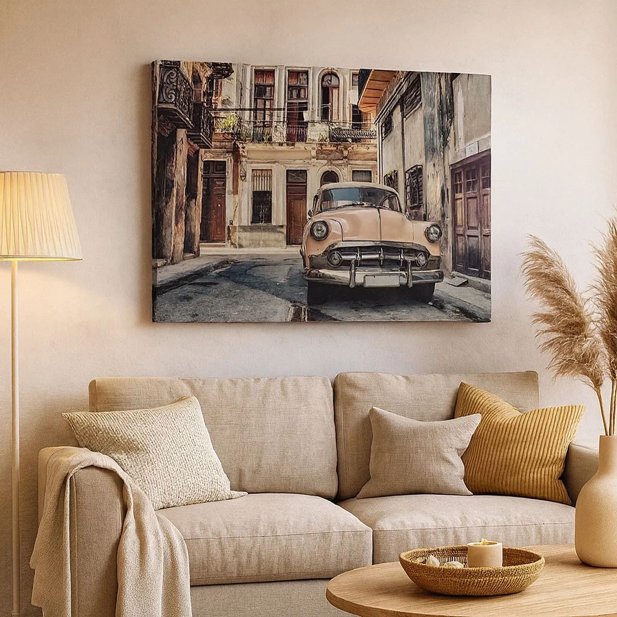 Tablou pe pânză Canvas - O mașină clasică pe fundalul arhitecturii urbane - 70x50cm - O siestă în Havana - Decorațiune modernă pentru perete pentru living și dormitor ARTTOR