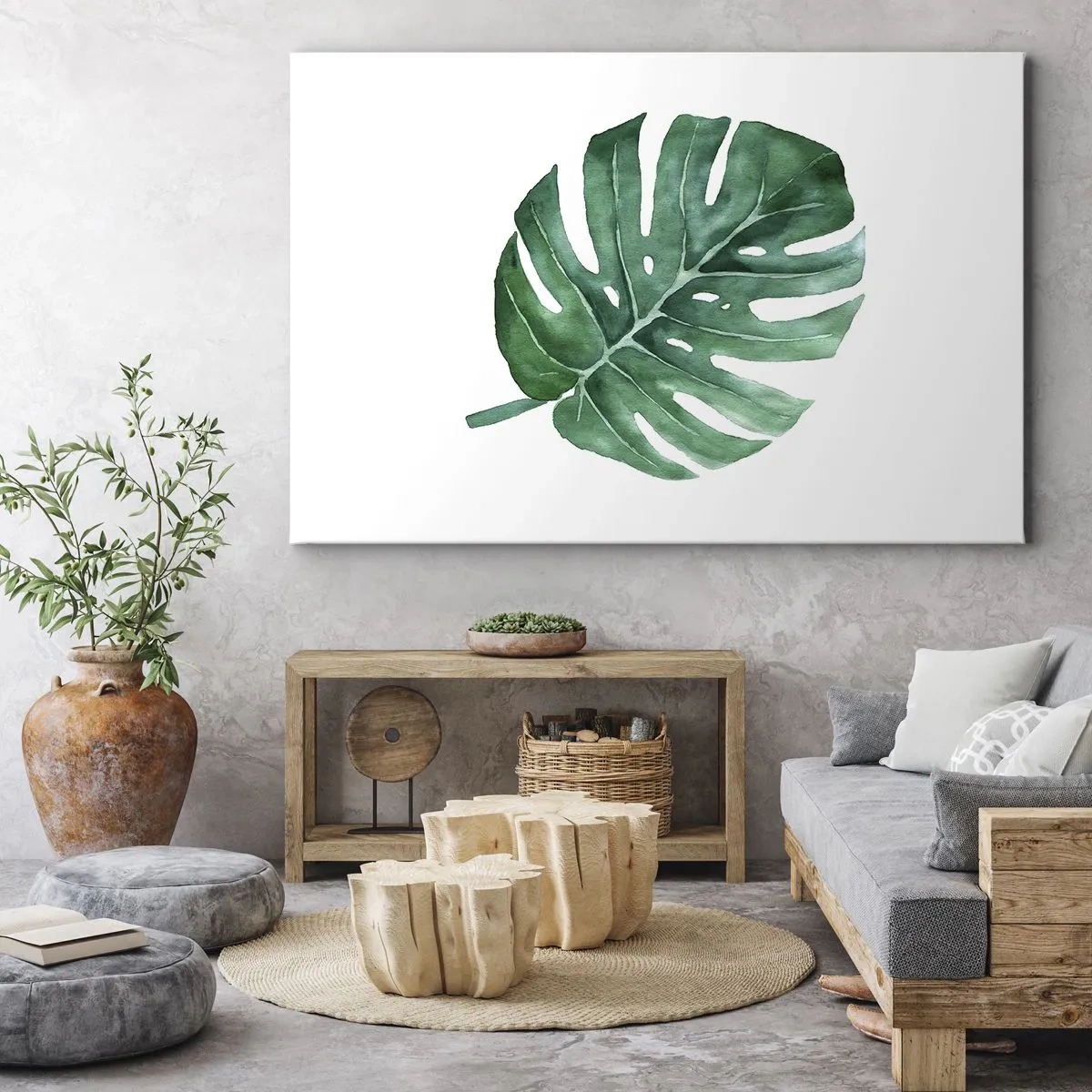 Tablou pe pânză Canvas - Frunză verde de monstera într-un stil minimalist - 70x50cm - Conceptul verde - Decorațiune modernă pentru perete pentru living și dormitor ARTTOR