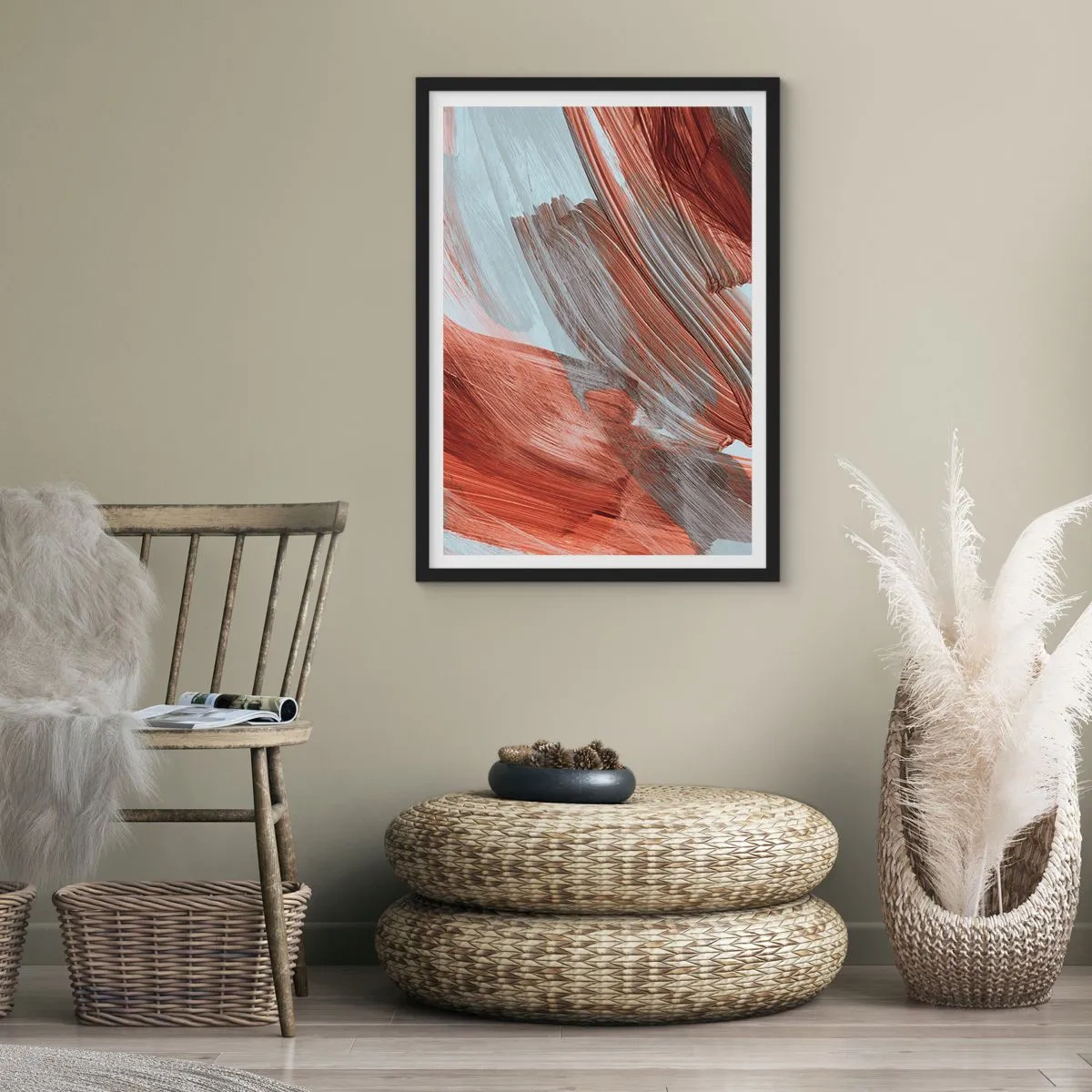 Poster în ramă neagră - Pensule dinamice în tonuri calde - 50x70cm - Abstracție autumnală și vântoasă - Decorațiune modernă pentru perete pentru living și dormitor ARTTOR