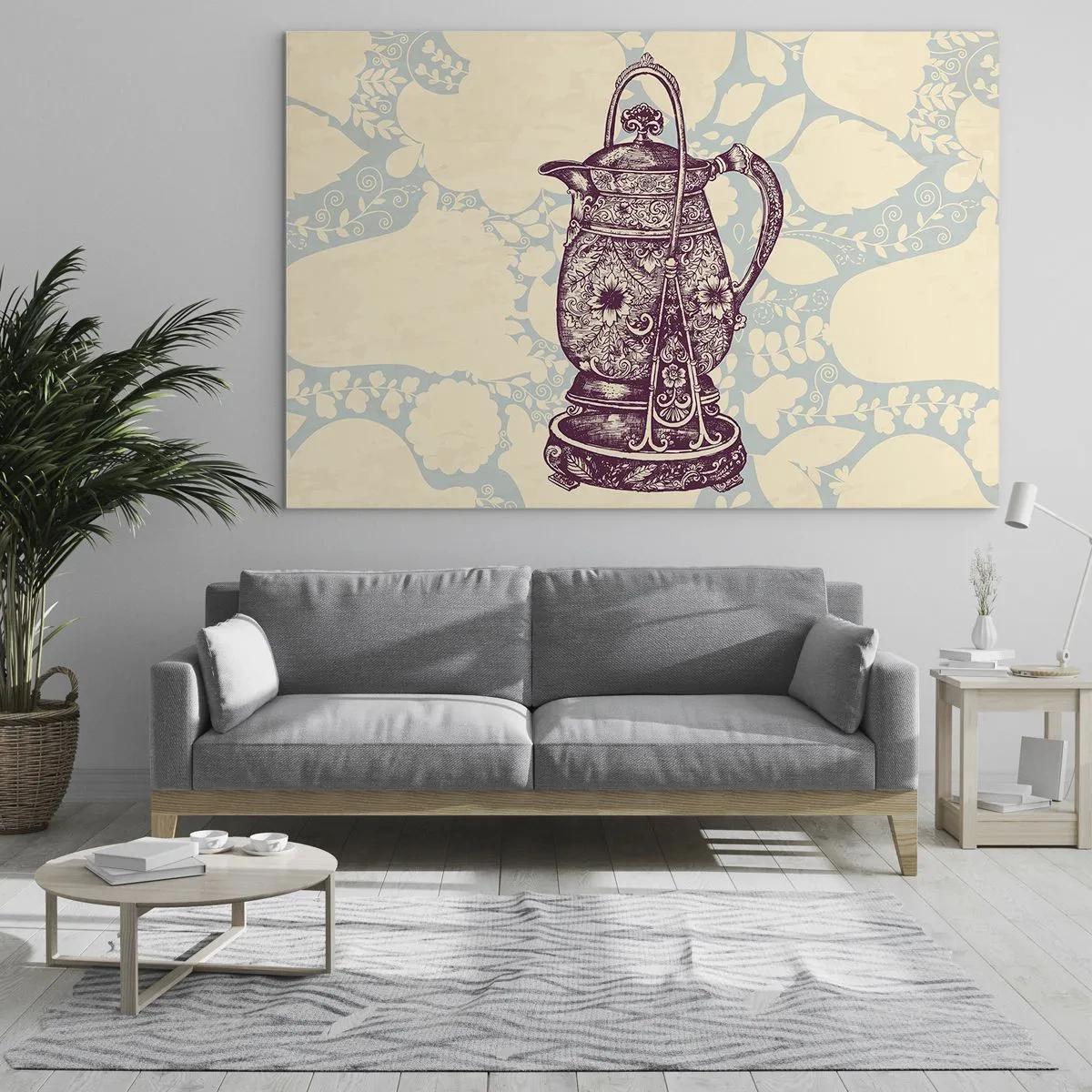 Tablou pe sticlă - Un ulcior vintage decorat pe un fundal deschis cu un ornament - 70x50cm - Frumusețea vieții de zi cu zi - Decorațiune modernă pentru perete pentru living și dormitor ARTTOR