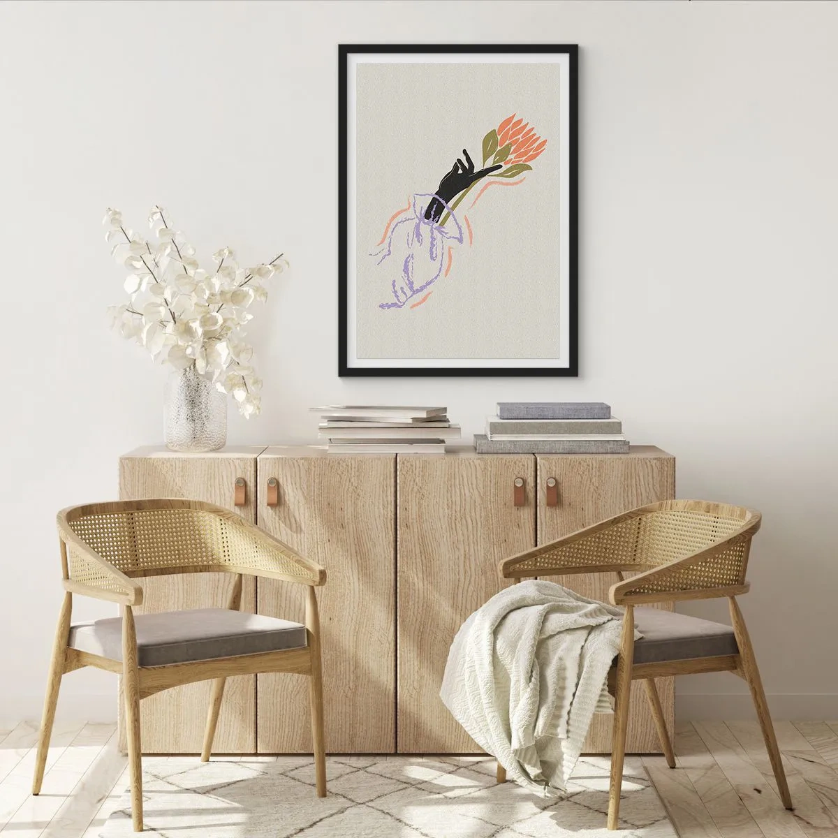 Poster în ramă neagră - Desen abstract al unei mâini care ține un buchet de flori - 50x70cm - Atingere surorială - Decorațiune modernă pentru perete pentru living și dormitor ARTTOR