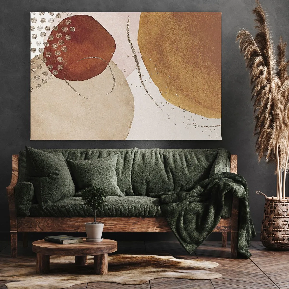 Tablou pe pânză Canvas - Forme abstracte în nuanțe calde de maro și auriu - 70x50cm - Rotunjime și mișcare - Decorațiune modernă pentru perete pentru living și dormitor ARTTOR