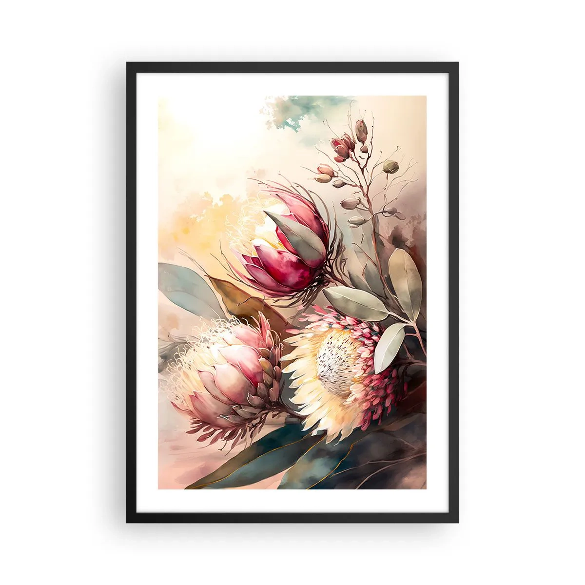Poster în ramă neagră - Un buchet de flori de protea în culori delicate - 50x70cm - Profil și en face - Decorațiune modernă pentru perete pentru living și dormitor ARTTOR