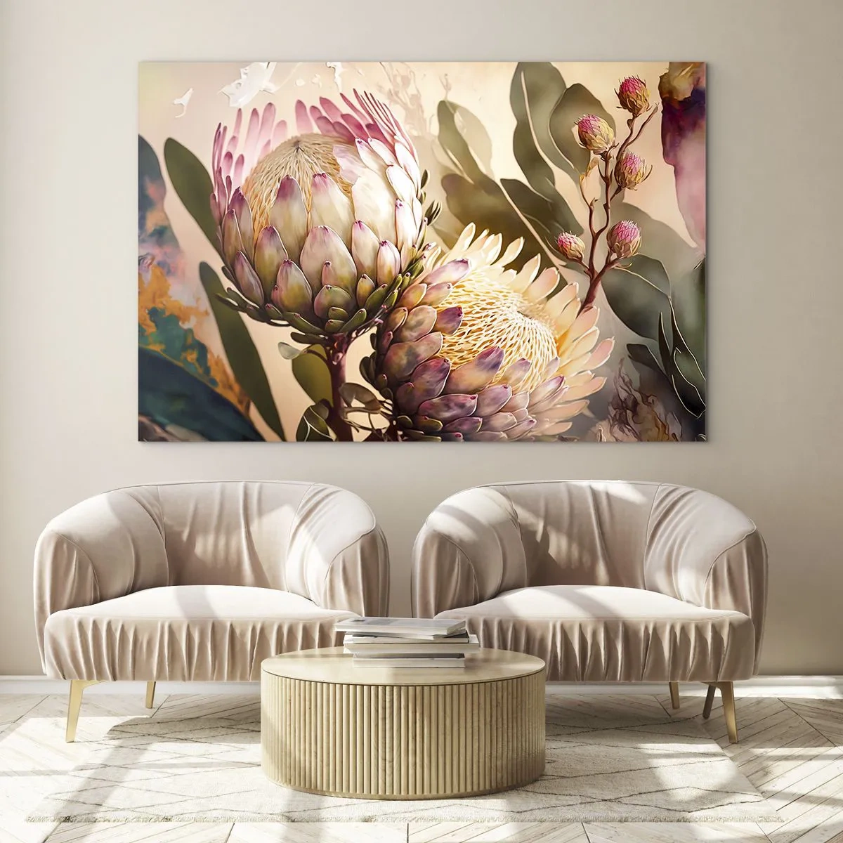 Tablou pe sticlă - Flori de Protea în tonuri calde și lumină blândă - 70x50cm - Îmbrățișare cu tandrețe - Decorațiune modernă pentru perete pentru living și dormitor ARTTOR