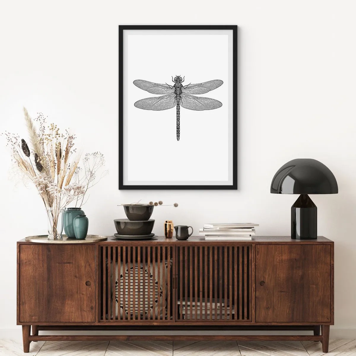 Poster în ramă neagră - Ilustrație alb-negru a unei libelule pe fundal alb - 50x70cm - Precizia naturii - Decorațiune modernă pentru perete pentru living și dormitor ARTTOR