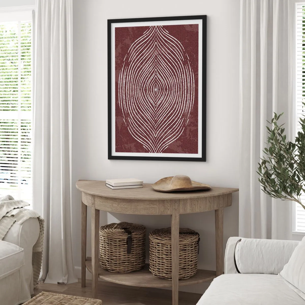 Poster în ramă neagră - Un model hipnotic de linii albe pe un fundal maro. - 50x70cm - Spațiul vorbește - Decorațiune modernă pentru perete pentru living și dormitor ARTTOR