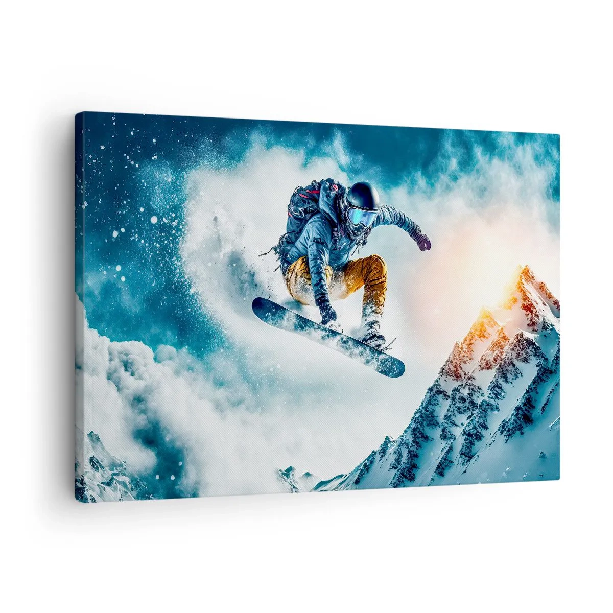 Tablou pe pânză Canvas - Un snowboarder zboară peste munți acoperiți de zăpadă - 70x50cm - Emoții extreme - Decorațiune modernă pentru perete pentru living și dormitor ARTTOR