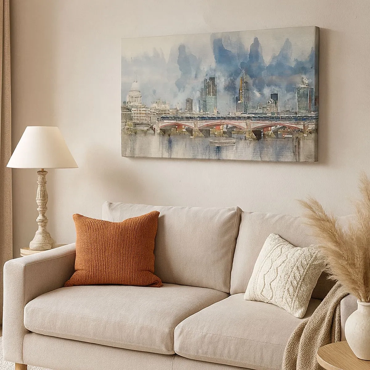 Tablou pe pânză Canvas - Vedere în acuarelă a podului și a orizontului orașului - 70x50cm - Londra în toată splendoarea ei - Decorațiune modernă pentru perete pentru living și dormitor ARTTOR