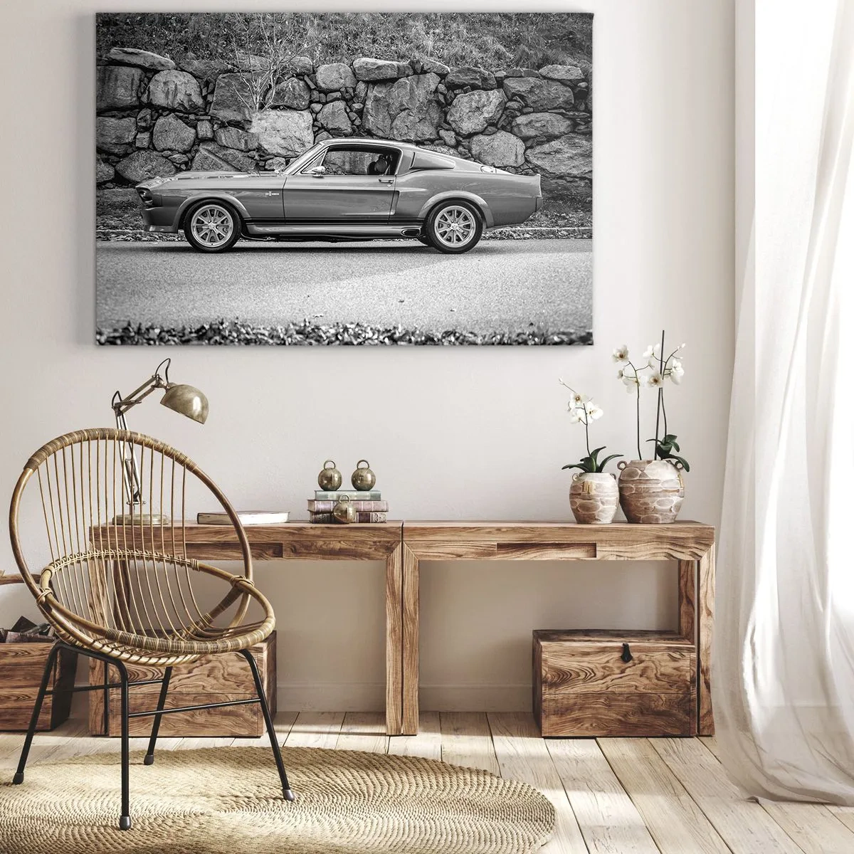 Tablou pe pânză Canvas - Fotografie alb-negru a unei mașini clasice - 70x50cm - Legenda anilor '60. - Decorațiune modernă pentru perete pentru living și dormitor ARTTOR