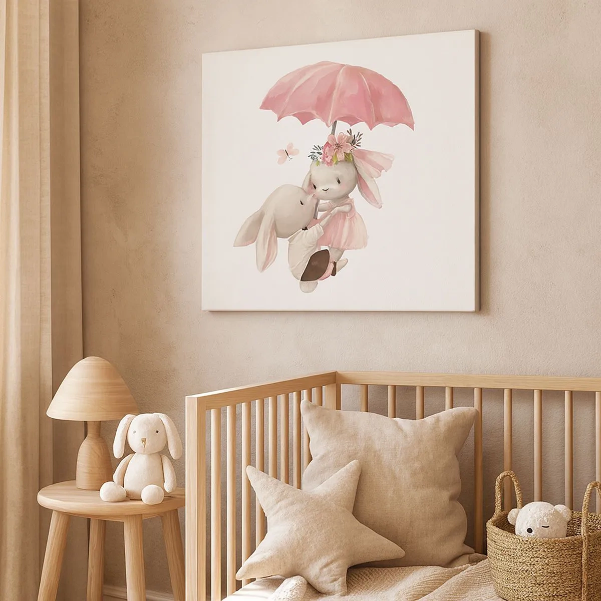 Tablou pe pânză Canvas - Iepurași drăguți sub o umbrelă roz - 70x50cm - Pur și simplu dragoste - Decorațiune modernă pentru perete pentru living și dormitor ARTTOR