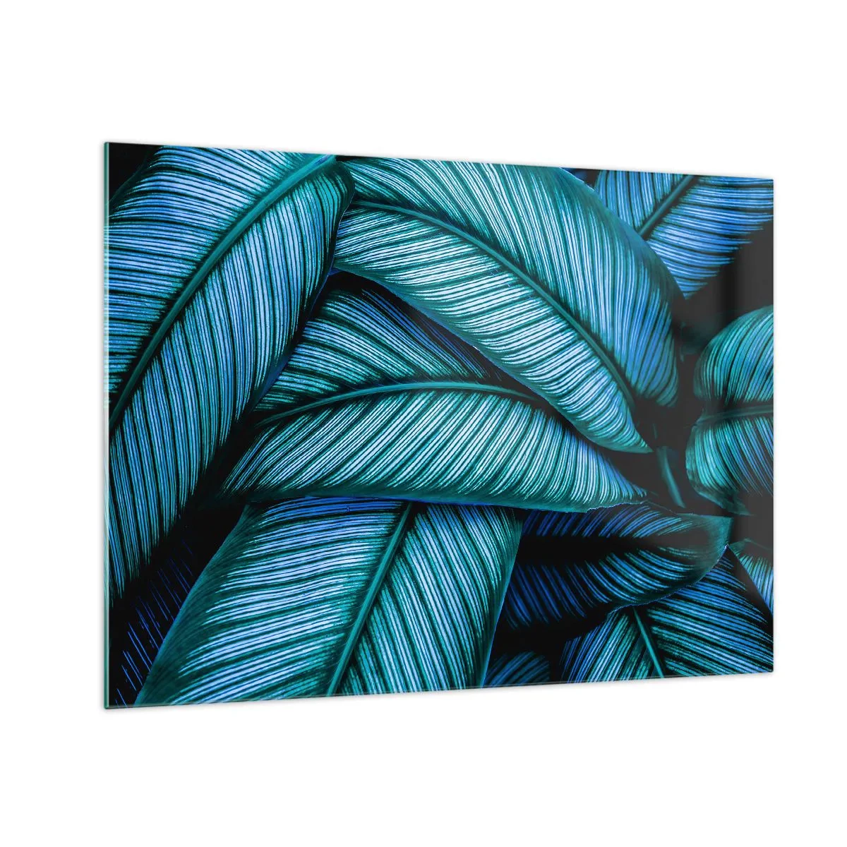 Tablou pe sticlă - Un prim-plan al frunzelor turcoaz cu o textură intensă. - 70x50cm - Linii de viață - Decorațiune modernă pentru perete pentru living și dormitor ARTTOR