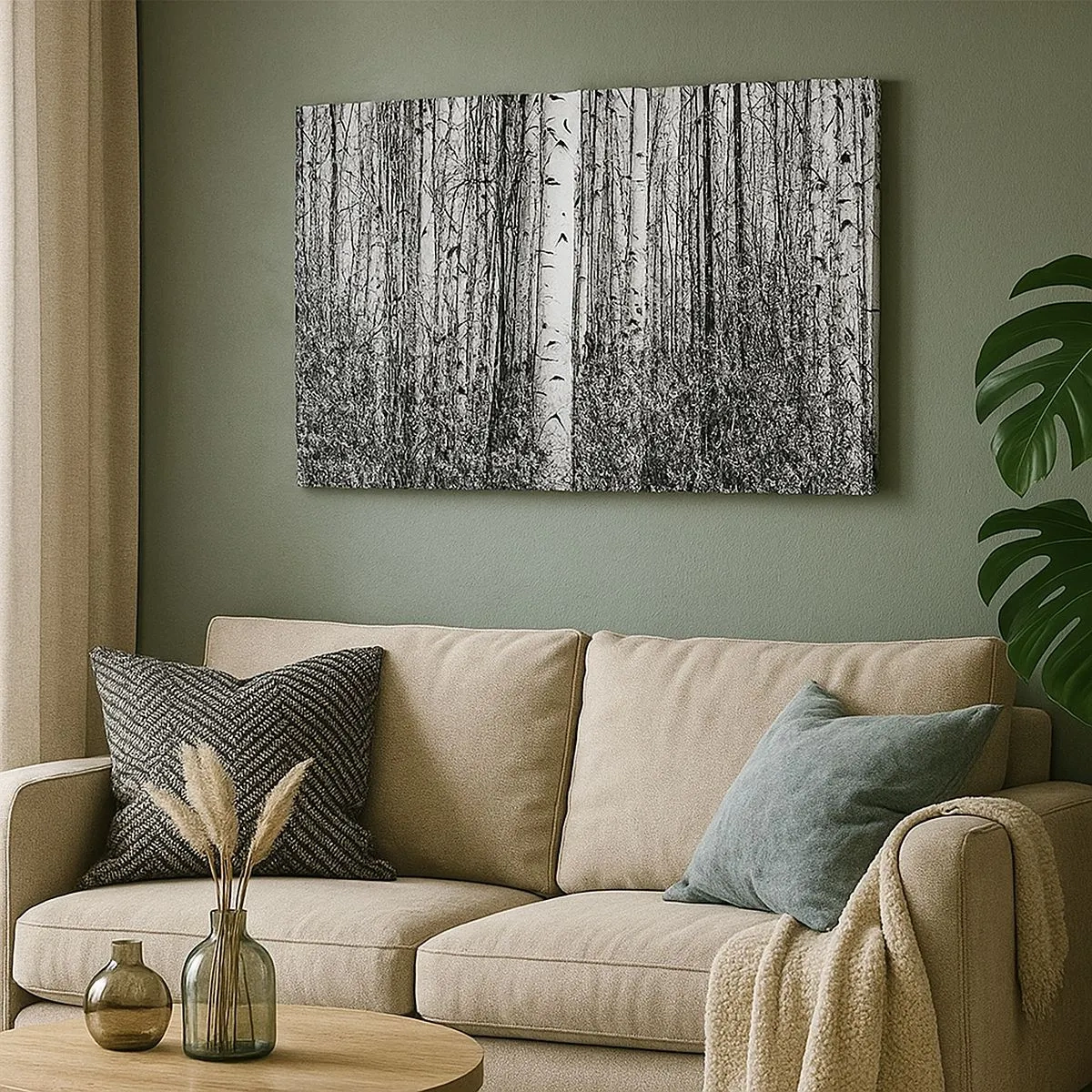 Tablou pe pânză Canvas - Mesteacăni albi și negri în pădure - 70x50cm - Coloane de mesteacăn - Decorațiune modernă pentru perete pentru living și dormitor ARTTOR