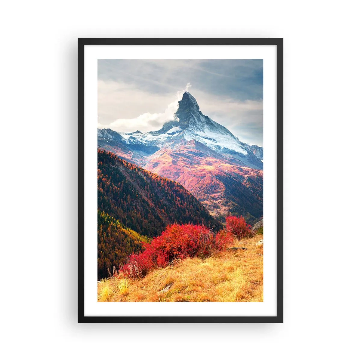 Poster în ramă neagră - Peisaj montan de toamnă cu un vârf acoperit de zăpadă - 50x70cm - Toamnă alpină - Decorațiune modernă pentru perete pentru living și dormitor ARTTOR