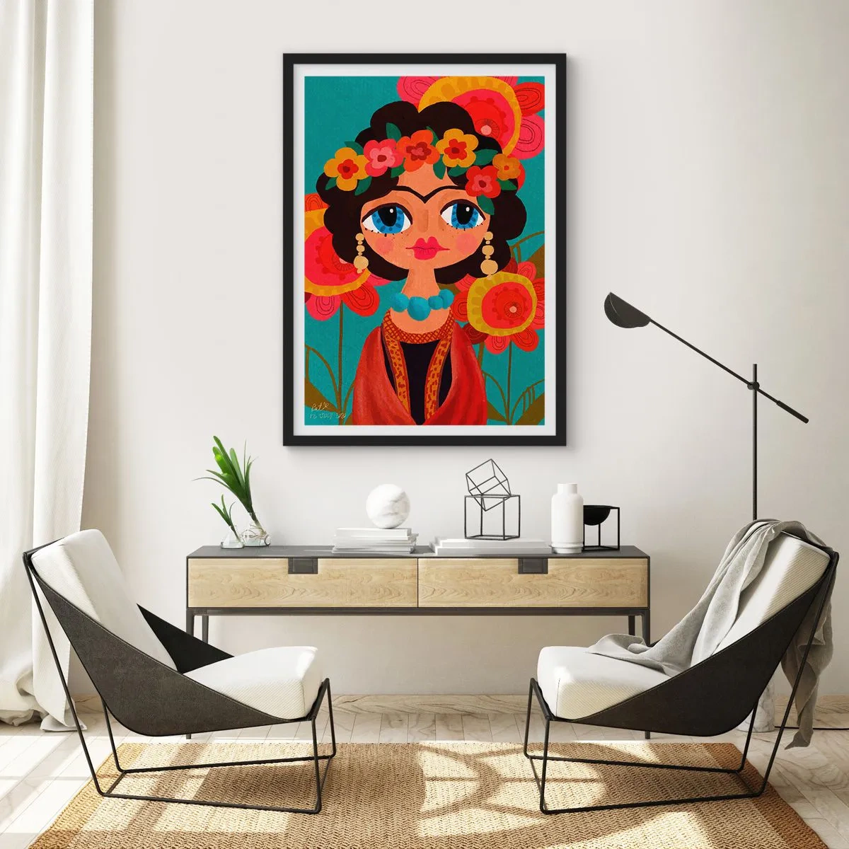 Poster în ramă neagră - Portret colorat al unei femei în stil popular și o coroană de flori - 50x70cm - Fecioara macilor - Decorațiune modernă pentru perete pentru living și dormitor ARTTOR