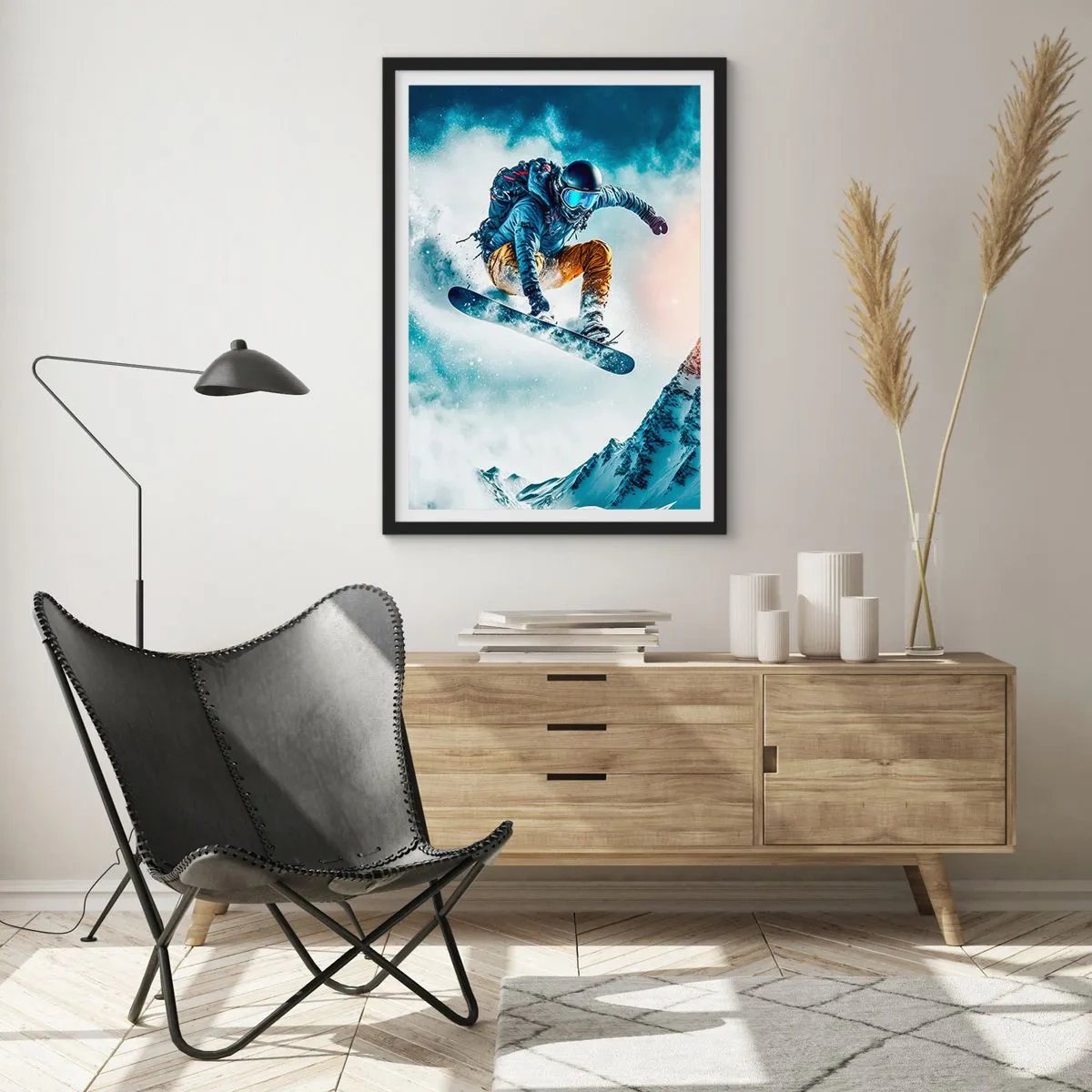 Poster în ramă neagră - Un snowboarder zboară peste un vârf de munte acoperit de zăpadă - 50x70cm - Emoții extreme - Decorațiune modernă pentru perete pentru living și dormitor ARTTOR