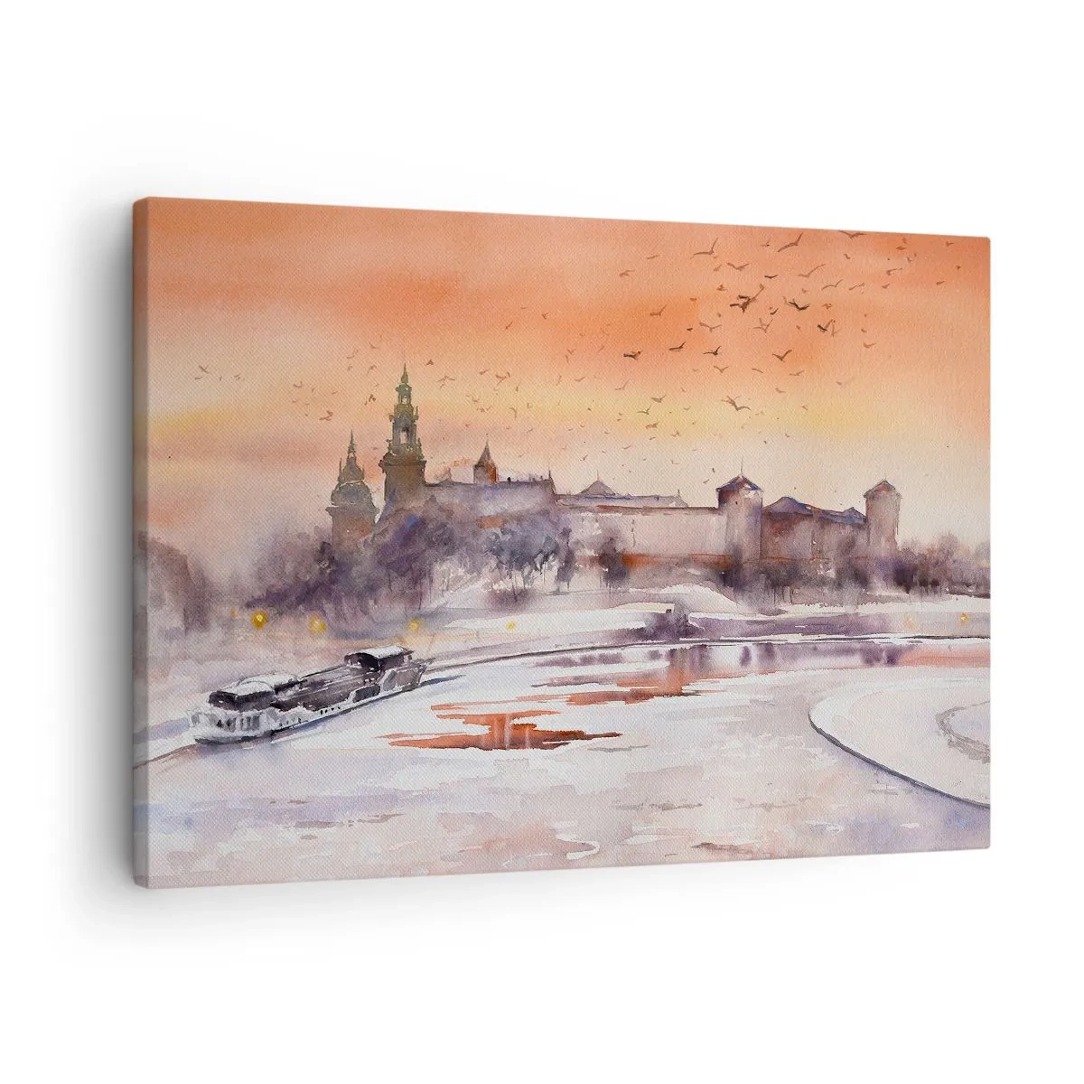Tablou pe pânză Canvas - Apus de soare peste castel într-un peisaj de iarnă - 70x50cm - Apus de soare regal - Decorațiune modernă pentru perete pentru living și dormitor ARTTOR