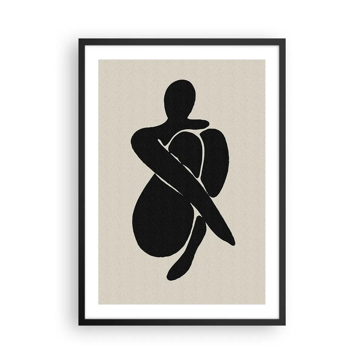 Poster în ramă neagră - Figură abstractă într-o poză cu brațele înfășurate în jurul corpului, ilustrație alb-negru - 50x70cm - În propriile îmbrățișări - Decorațiune modernă pentru perete pentru living și dormitor ARTTOR