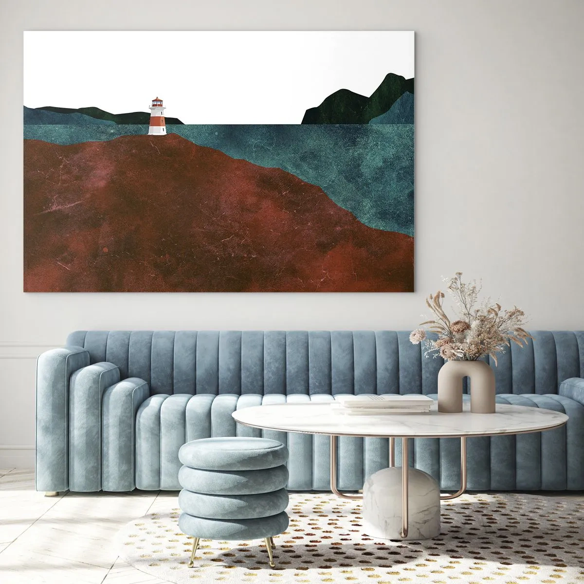 Tablou pe sticlă - Un far pe fundalul unei mări turcoaz și al unor stânci roșii - 70x50cm - Privind marea - Decorațiune modernă pentru perete pentru living și dormitor ARTTOR