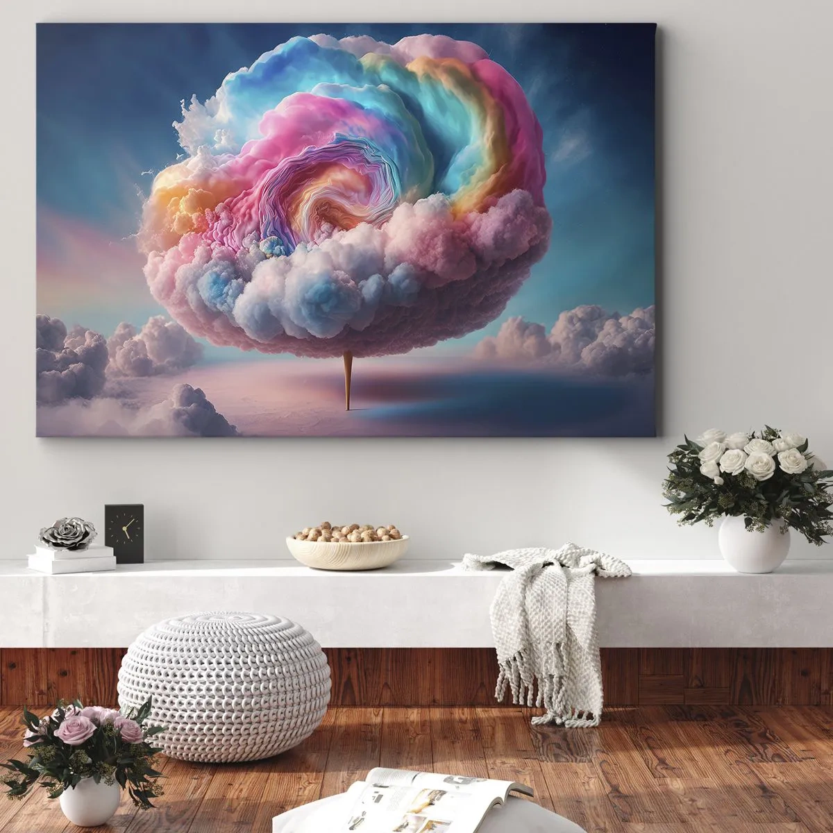 Tablou pe pânză Canvas - Un nor în formă de spirală cu culori pastelate pe cer - 70x50cm - Visul unui parc de distracții - Decorațiune modernă pentru perete pentru living și dormitor ARTTOR