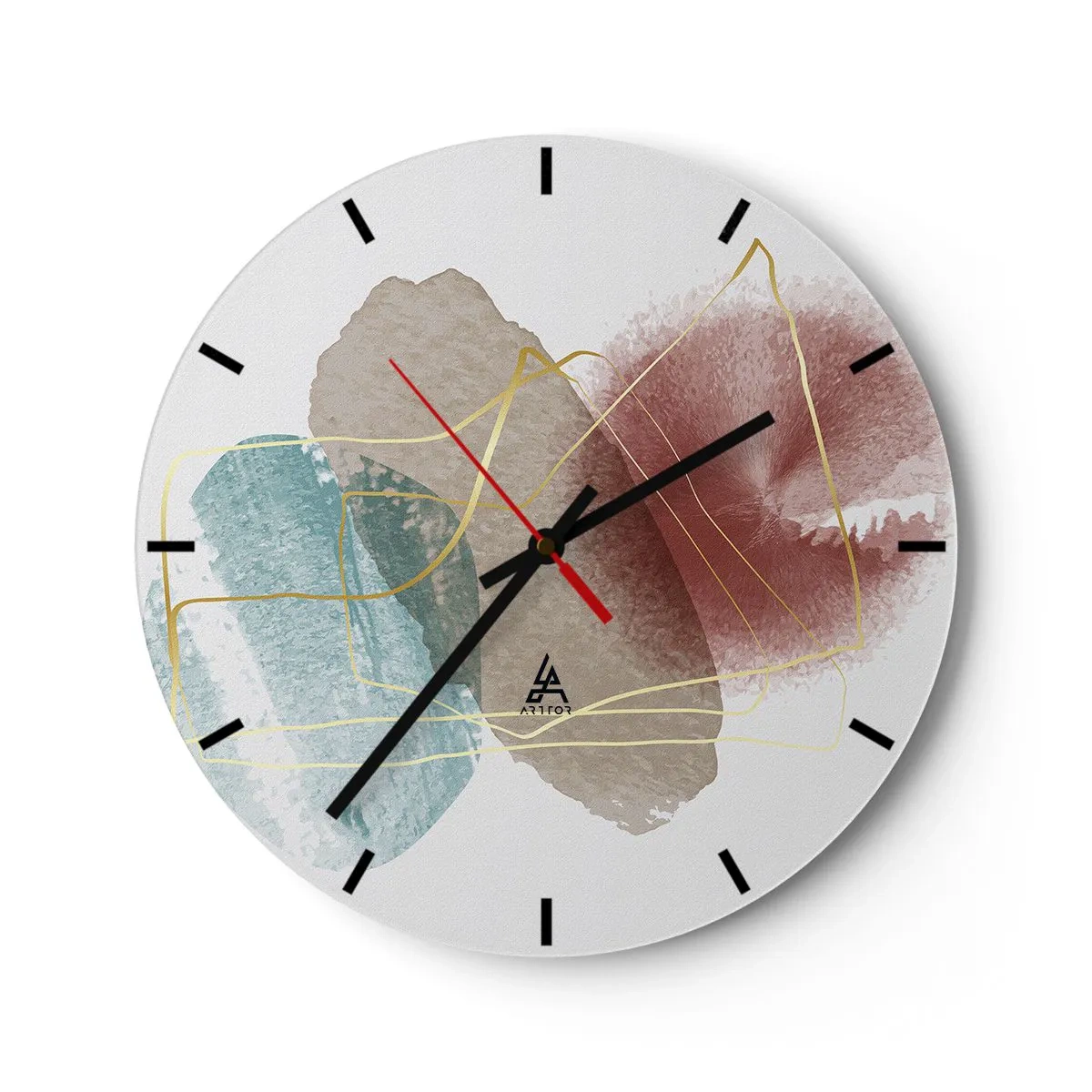 Ceas de perete - Ceas pe sticlă - Stropi de acuarelă colorate și linii aurii pe fundal alb - 30x30cm - Mărgele de spațiu - Decorațiune modernă pentru perete pentru living, bucătărie și dormitor ARTTOR