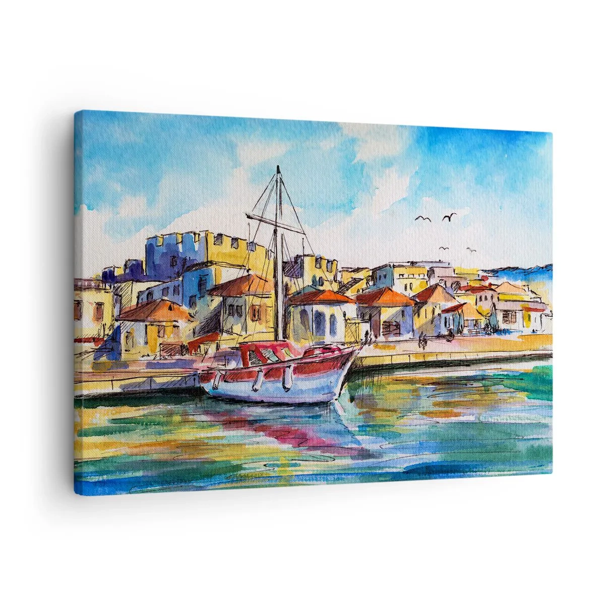 Tablou pe pânză Canvas - Un port pitoresc cu o barcă și clădiri colorate - 70x50cm - Curcubeu după-amiază - Decorațiune modernă pentru perete pentru living și dormitor ARTTOR