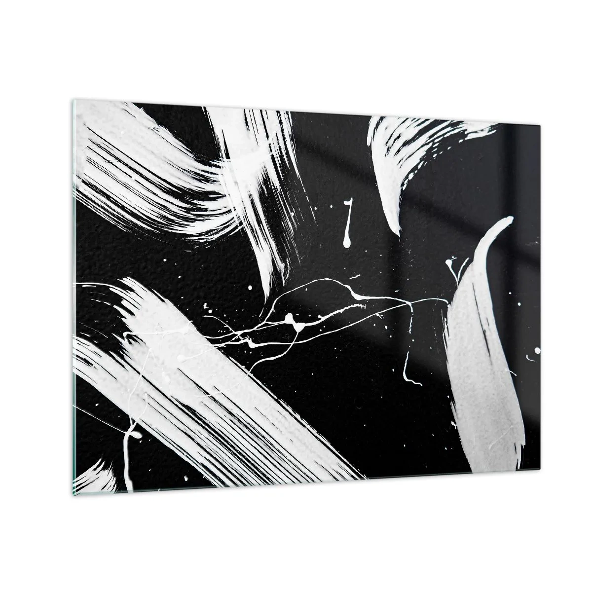 Tablou pe sticlă - Tușe albe de pensulă pe fundal negru - 70x50cm - Abisul întunericului - Decorațiune modernă pentru perete pentru living și dormitor ARTTOR