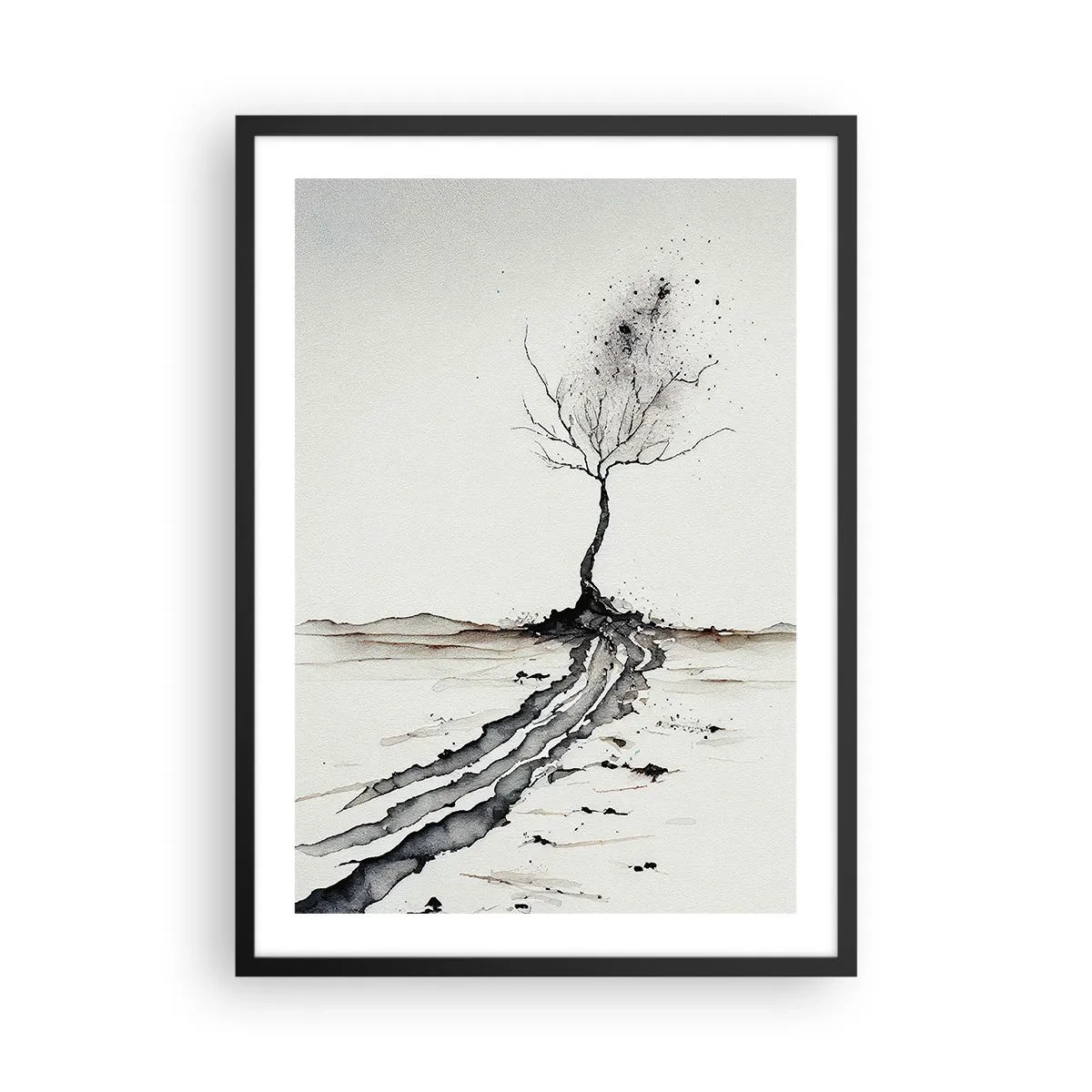 Poster în ramă neagră - Un copac minimalist cu rădăcini abstracte - 50x70cm - Melancolie de iarnă - Decorațiune modernă pentru perete pentru living și dormitor ARTTOR