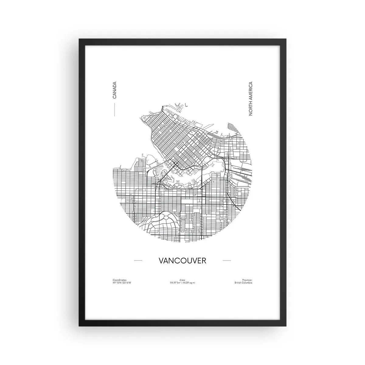 Poster în ramă neagră - O hartă minimalistă alb-negru a orașului Vancouver - 50x70cm - Anatomia Vacouverului - Decorațiune modernă pentru perete pentru living și dormitor ARTTOR