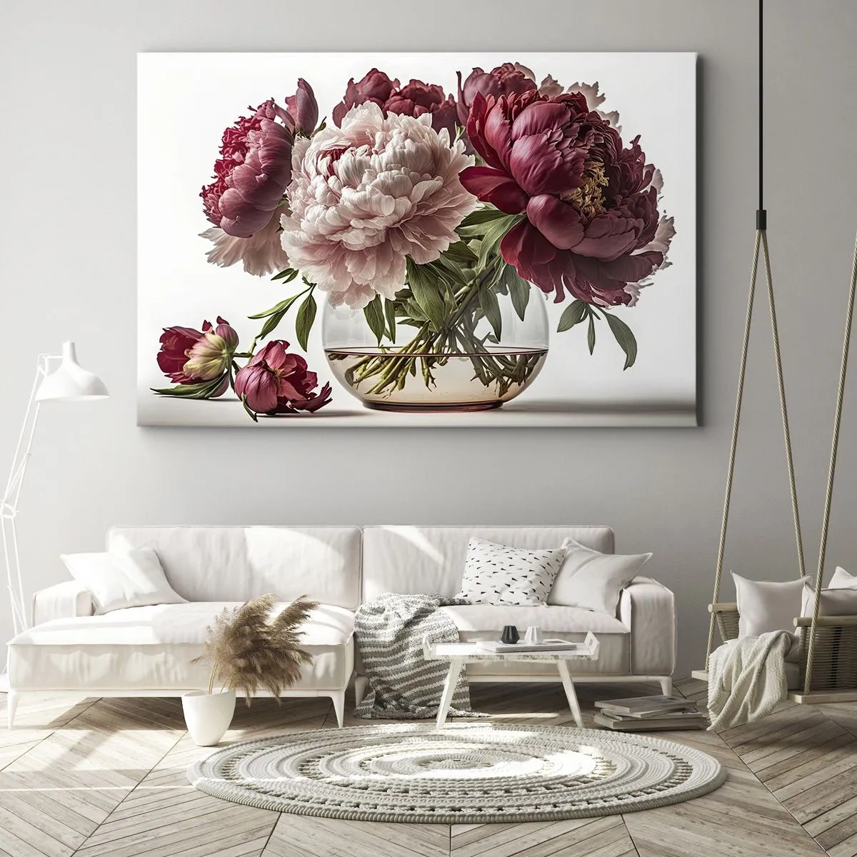 Tablou pe pânză Canvas - Un buchet de bujori în nuanțe de roz și roșu - 70x50cm - În plină înflorire - Decorațiune modernă pentru perete pentru living și dormitor ARTTOR