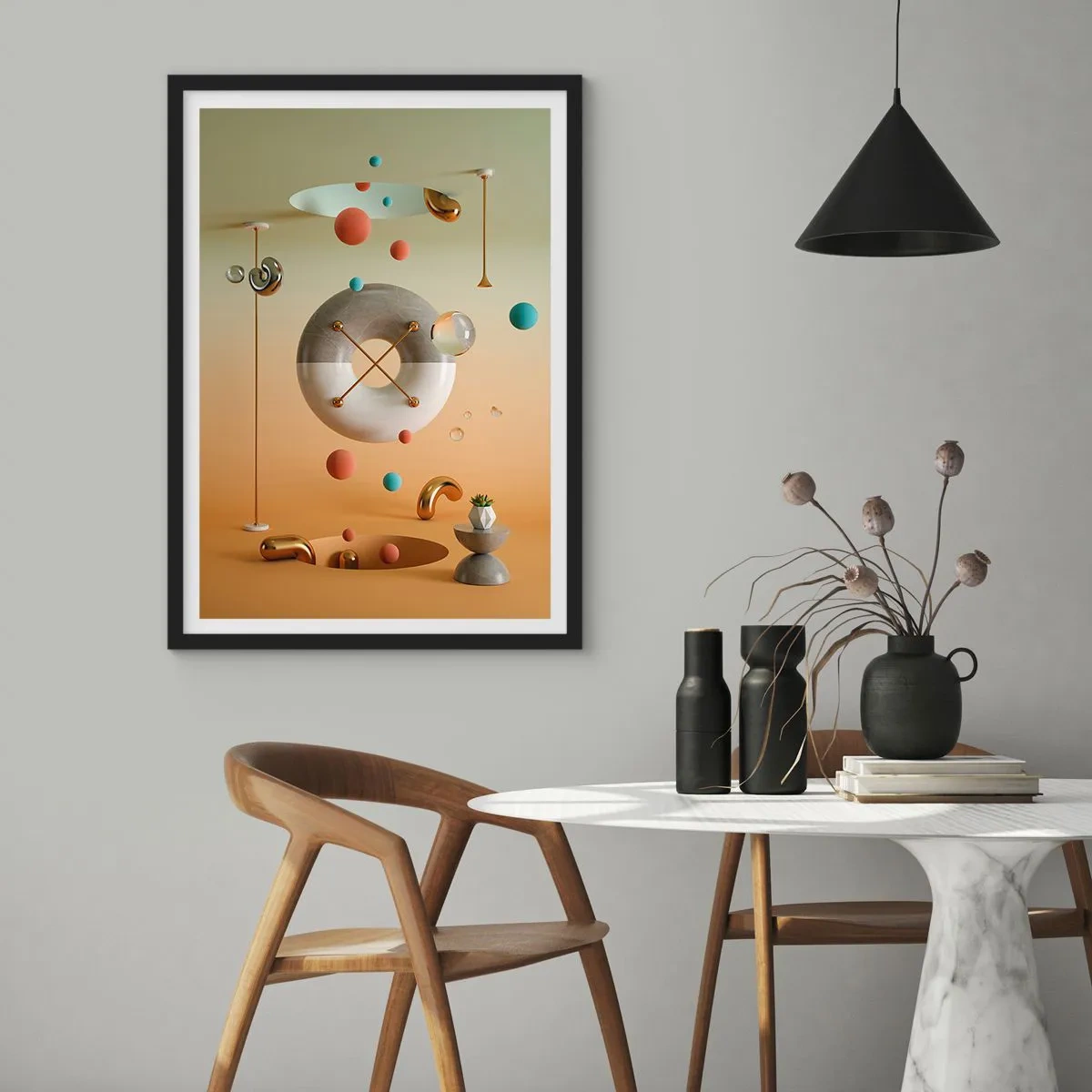 Poster în ramă neagră - O compoziție abstractă de forme geometrice în culori calde. - 50x70cm - Orice se poate întâmpla - Decorațiune modernă pentru perete pentru living și dormitor ARTTOR