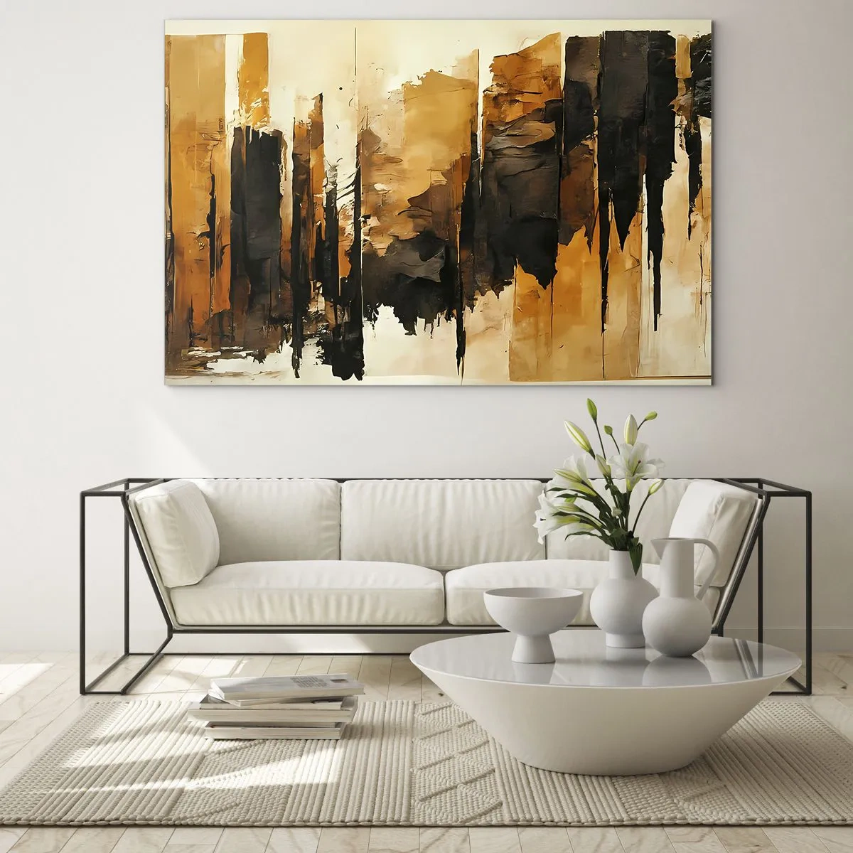 Tablou pe sticlă - Abstracție auriu-maro cu structuri verticale - 70x50cm - Armonie de negru și auriu - Decorațiune modernă pentru perete pentru living și dormitor ARTTOR