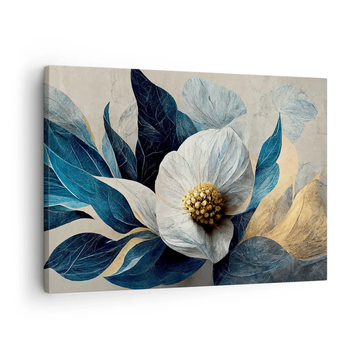 Tablou pe pânză Canvas - floare cu frunze albastre pe un fundal elegant - 70x50cm - Are o inimă de aur - Decorațiune modernă pentru perete pentru living și dormitor ARTTOR